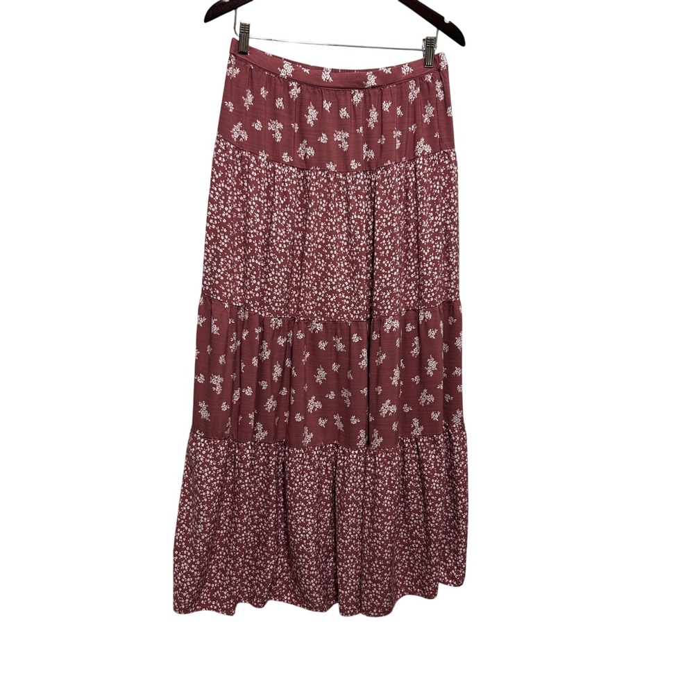 Prairie Floral‎ Tiered Maxi Skirt M Mauve Earthy Cottage Boho Western Festival